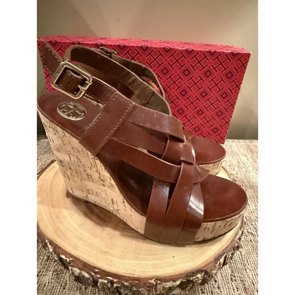 Tory Burch Ace Women's Brown Sienna Leather Buckle Wedge High Heel Sandals 8.5‎